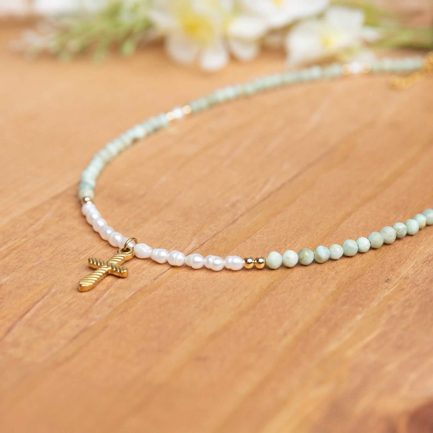 Amazonite & Pearl Cross Necklace