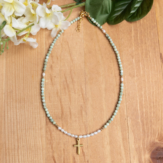 Amazonite & Pearl Cross Necklace