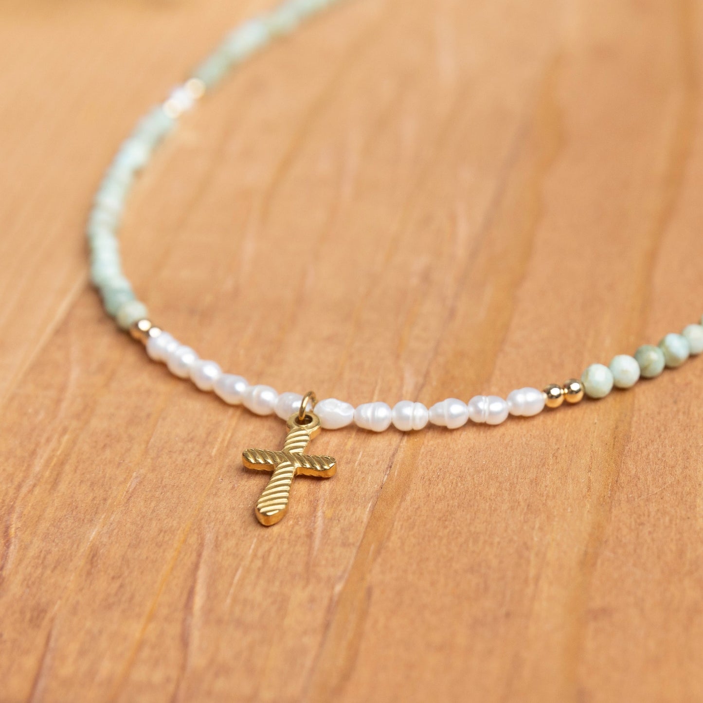 Amazonite & Pearl Cross Necklace