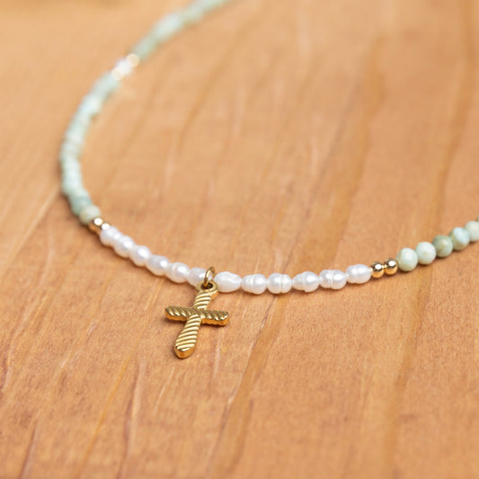 Amazonite & Pearl Cross Necklace