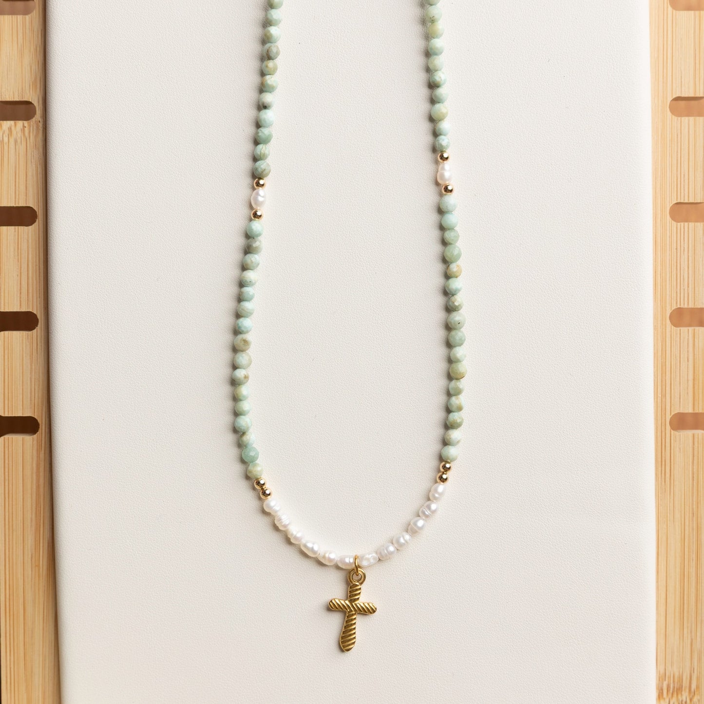 Amazonite & Pearl Cross Necklace