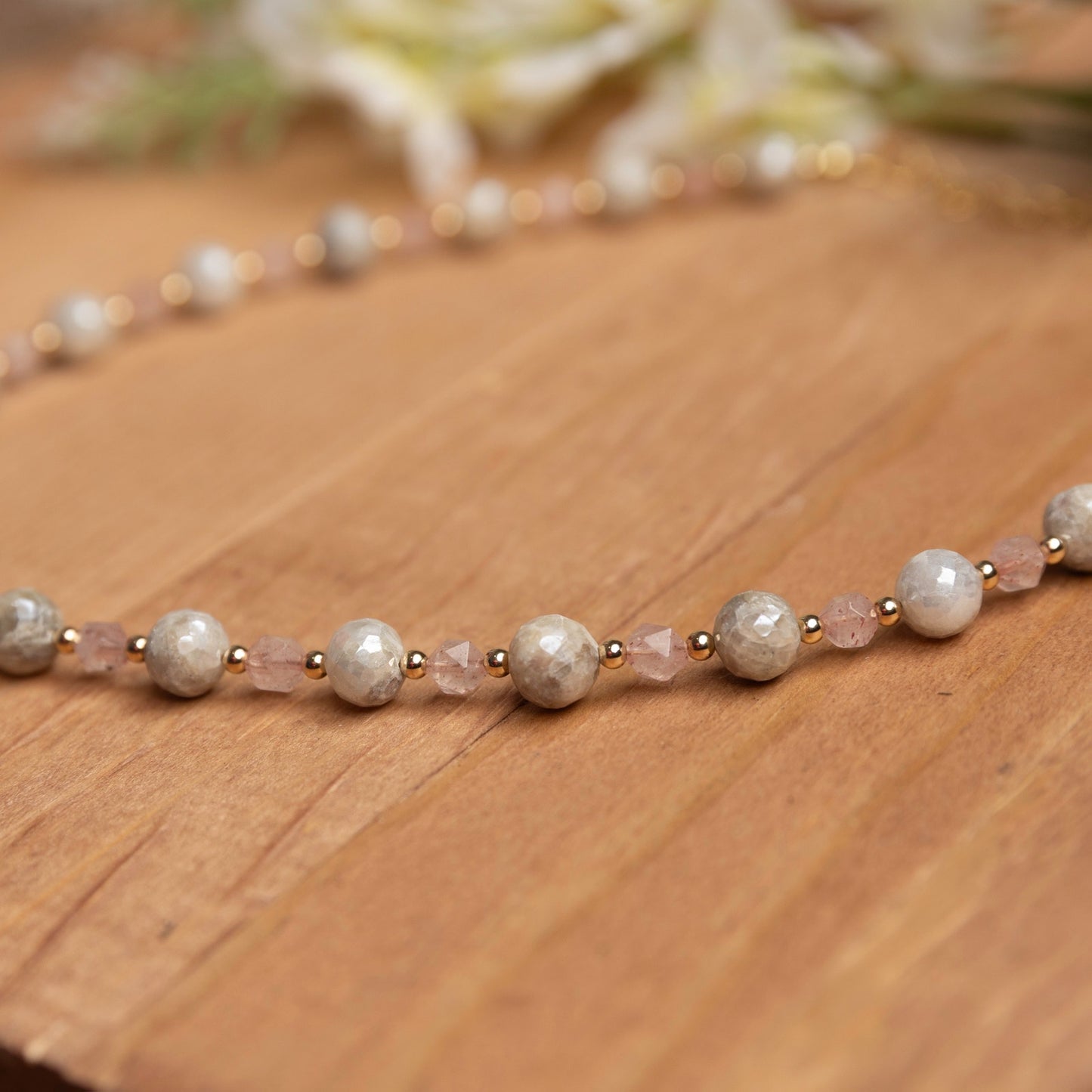 White Sapphire & Rose Quartz Necklace – 17 Inches with Extender