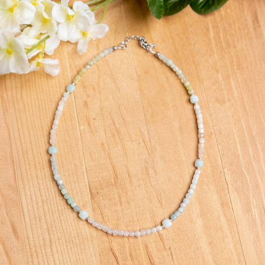 Morganite & Amazonite Cushion Bead Necklace