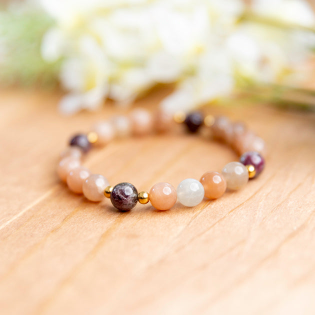 Mixed Moonstone and Plum Tourmaline Stretch Bracelet - 6.75 inches