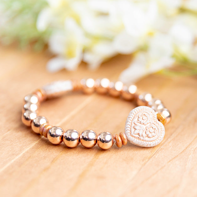 Rose Gold Hematite with Czech Glass Hearts Stretch Bracelet - 6.5 inches unstretched