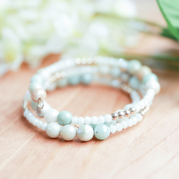 Mystic Amazonite, Hematite and Glass Beads on Memory Wire