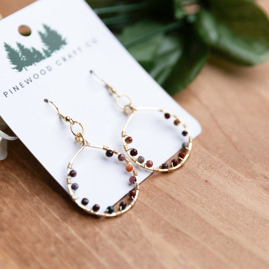 Handmade Mookaite Hammered Gold Hoops