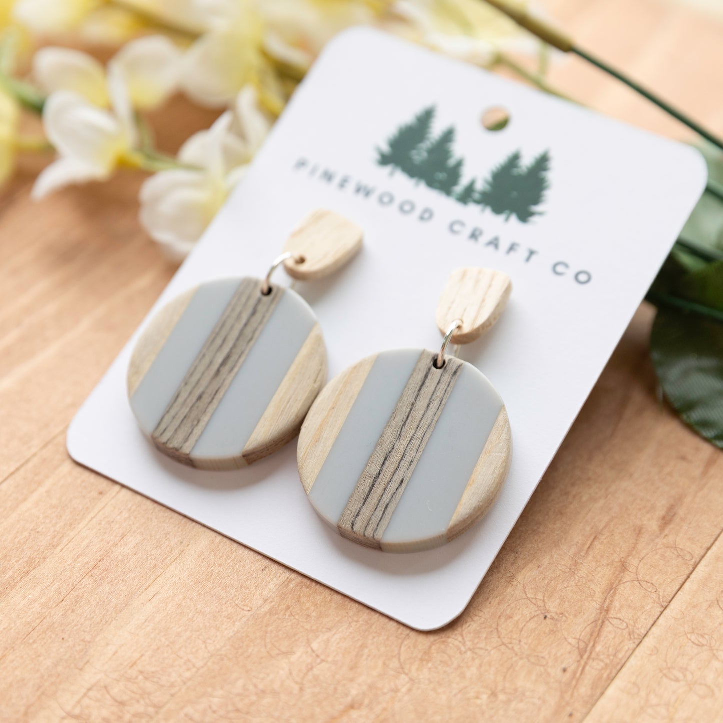 Rustic Striped Wood & Acrylic Dangle Earrings