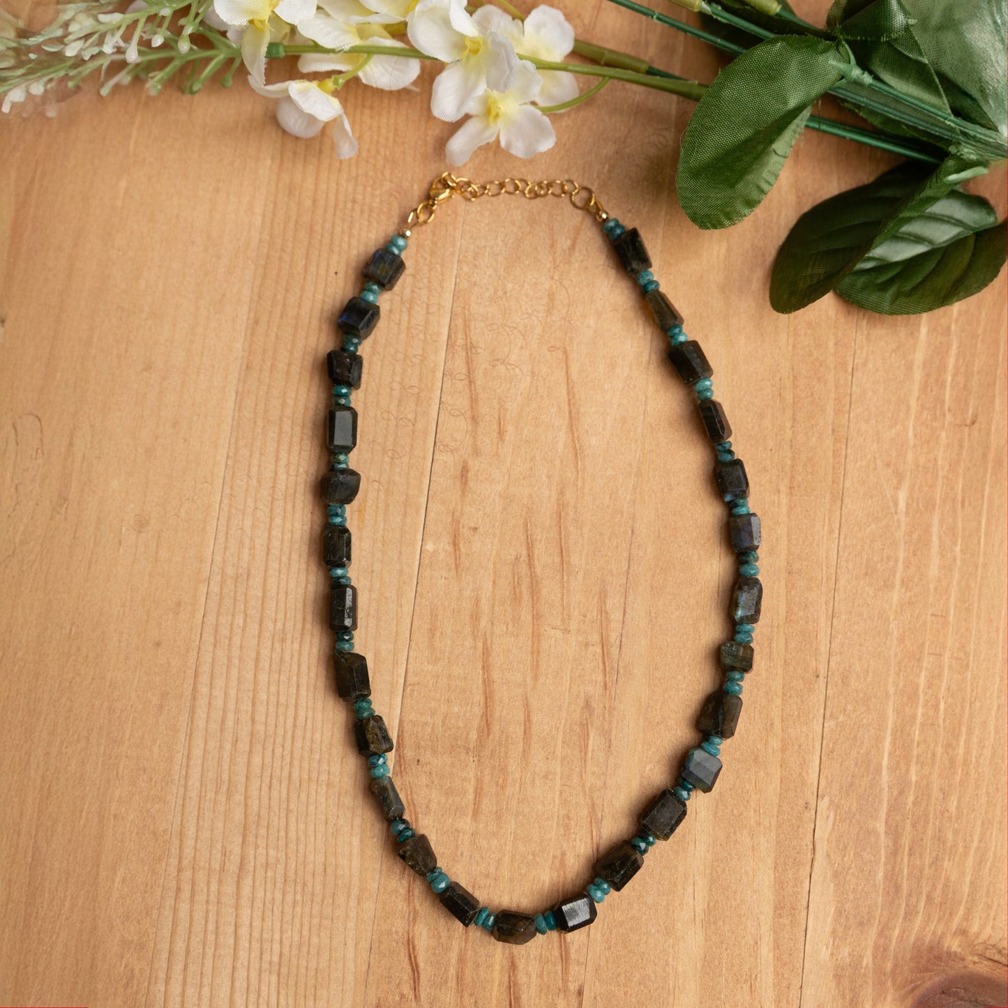 Labradorite & Chrysocolla Necklace – 16.5” + 2” Gold Extender