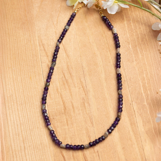 Faceted Amethyst & Black Sunstone Necklace – 16.5” with 2” Extender