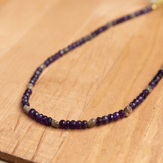 Faceted Amethyst & Black Sunstone Necklace – 16.5” with 2” Extender