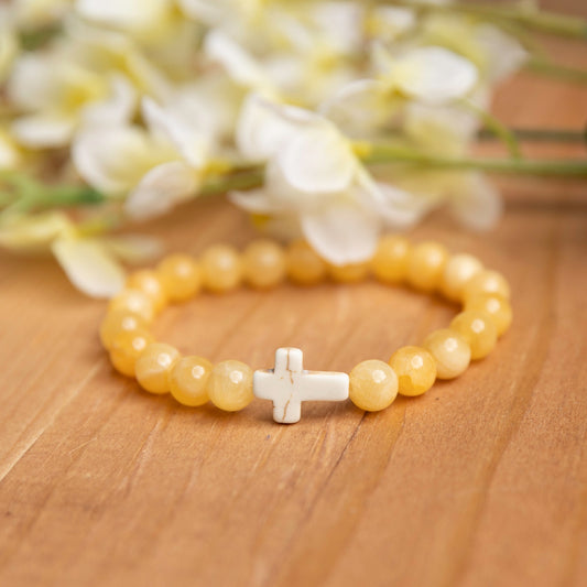 Lemon Jade Gemstone Bracelet with Howlite Cross – Joy & Positivity