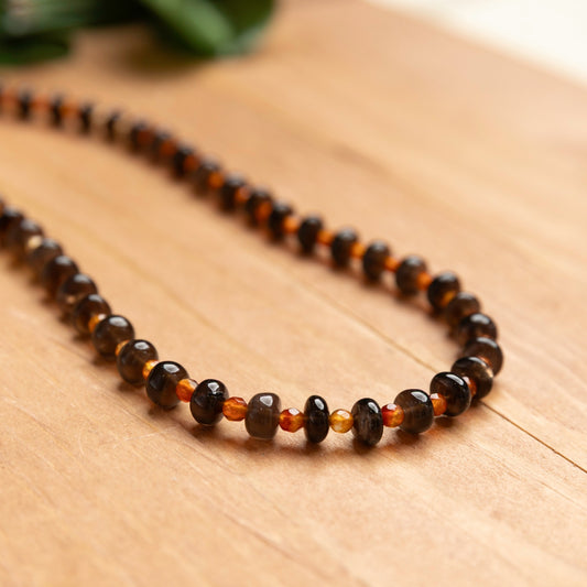 Smokey Quartz & Carnelian Necklace - 17.5 inches + 2-inch extender