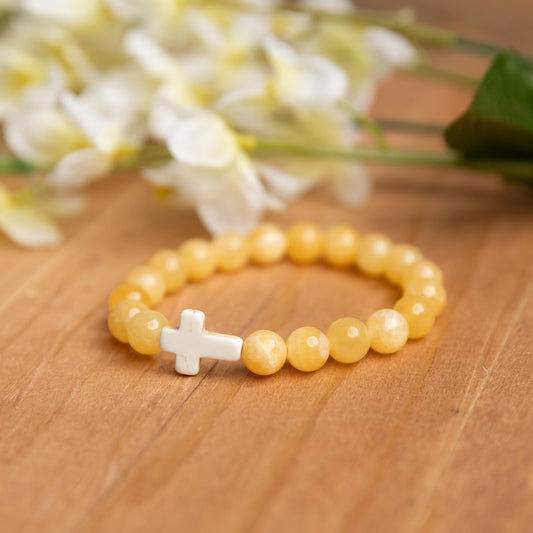 Lemon Jade Gemstone Bracelet with Howlite Cross – Joy & Positivity
