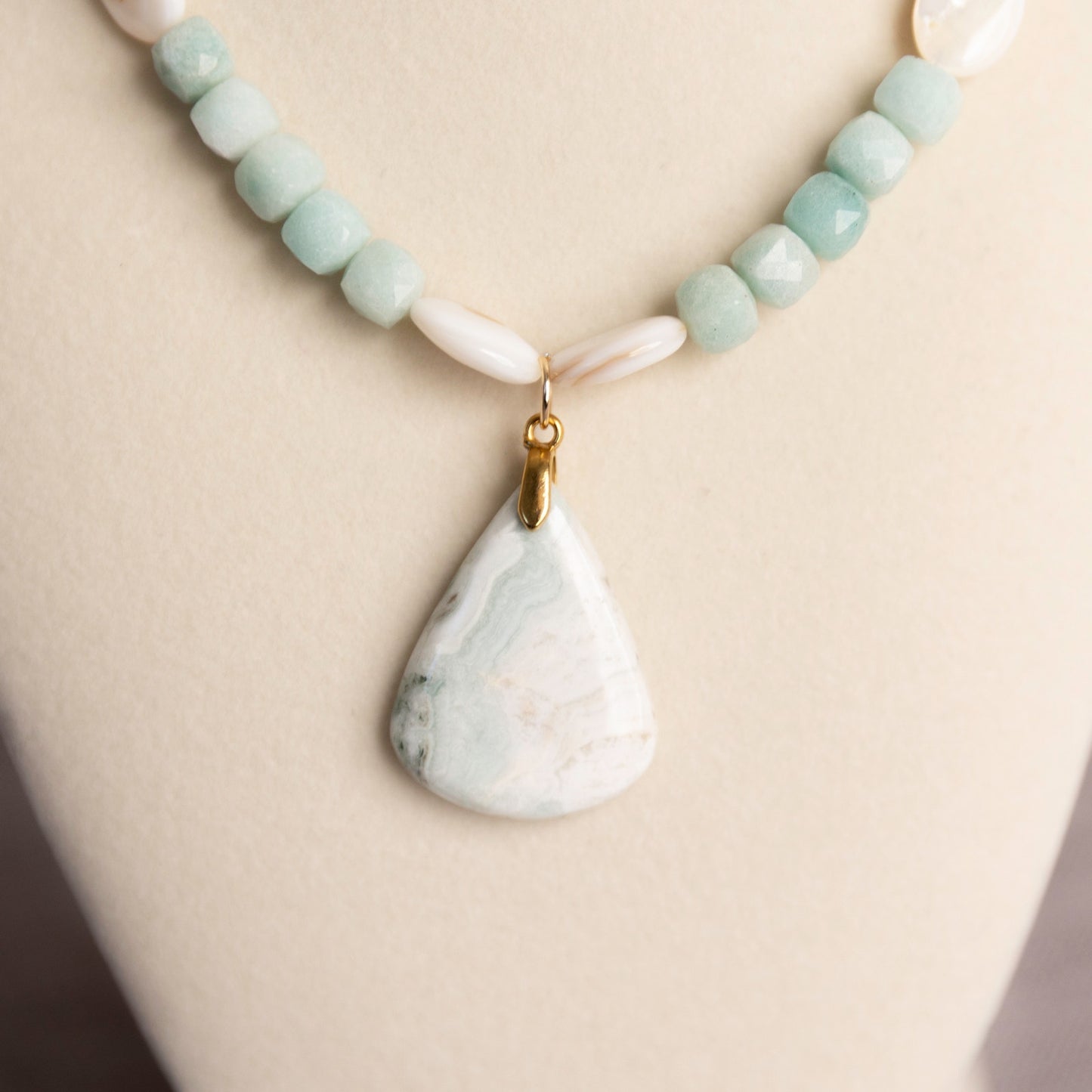 Amazonite and Shell Necklace w/Agate Pendant