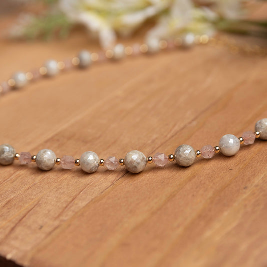 White Sapphire & Rose Quartz Necklace – 17 Inches with Extender