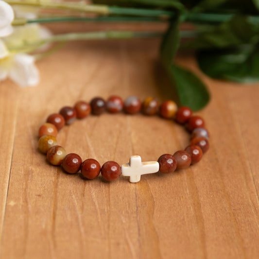 Red Jasper Bracelet with White Cross Accent
