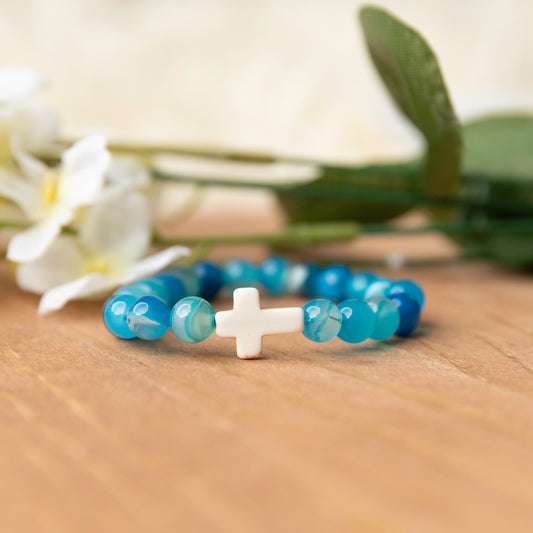 Blue Stripe Agate Cross Bracelet