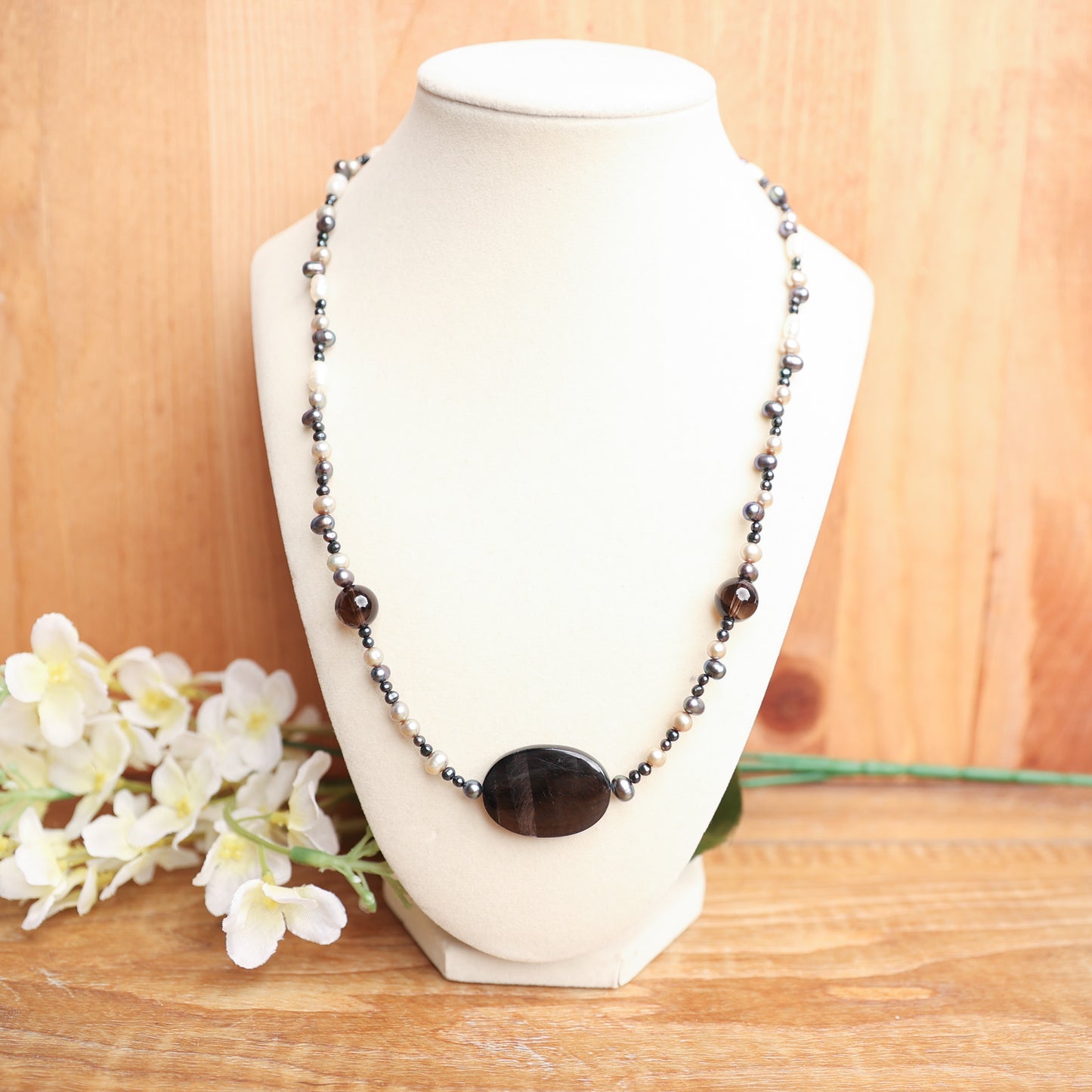 Hypersthene, Pearl &amp; Smoky Quartz Necklace – 21.5" + Extender