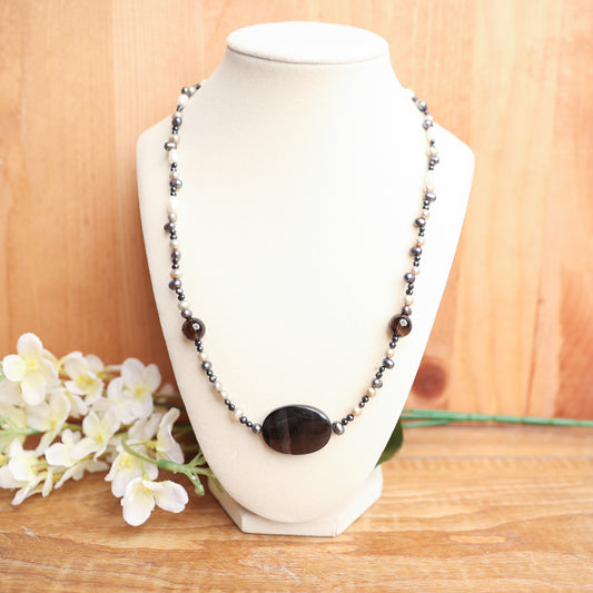 Hypersthene, Pearl &amp; Smoky Quartz Necklace – 21.5" + Extender