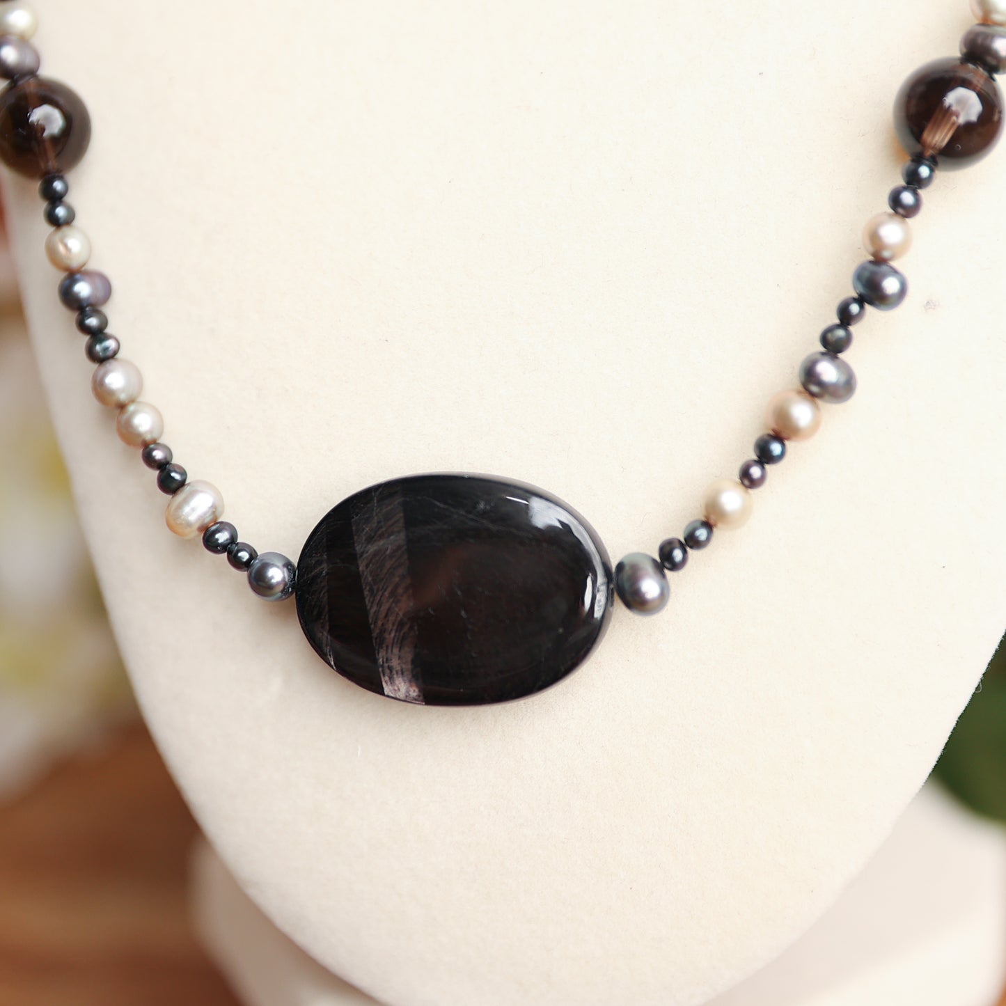 Hypersthene, Pearl &amp; Smoky Quartz Necklace – 21.5" + Extender