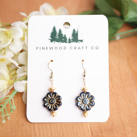 Czech Class  Flower with Hematite on Gold Plated Stainless Hooks