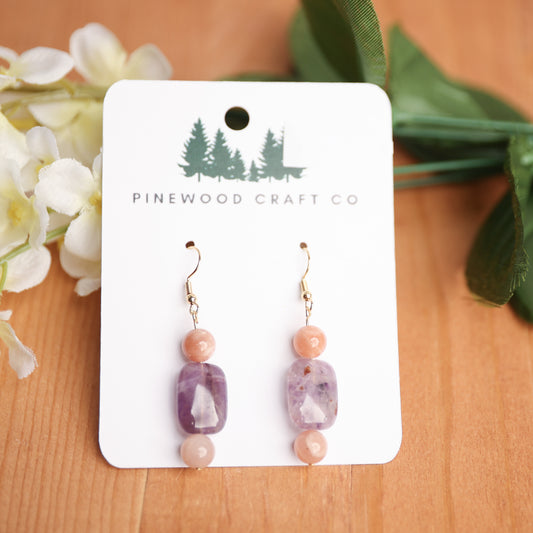 Amethyst and Peach Moonstone on Gold Plated Stainless Hooks