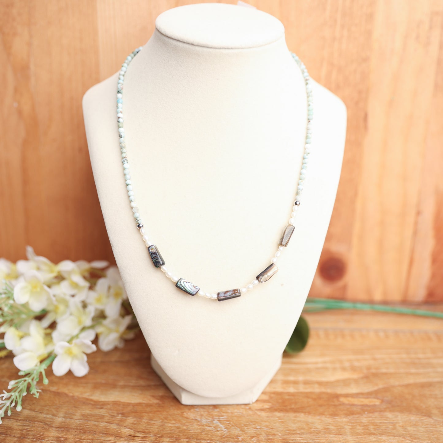 Larimar, Pearl &amp; Abalone Necklace – 18" + 2" Extender