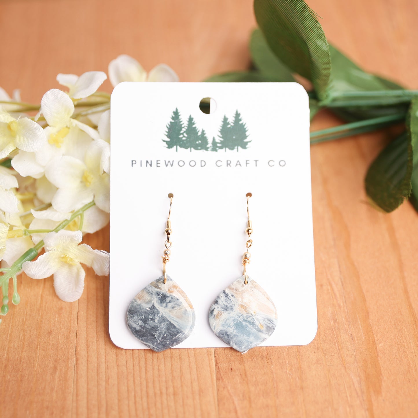 Blue, gold and white marbled Clay Earrings