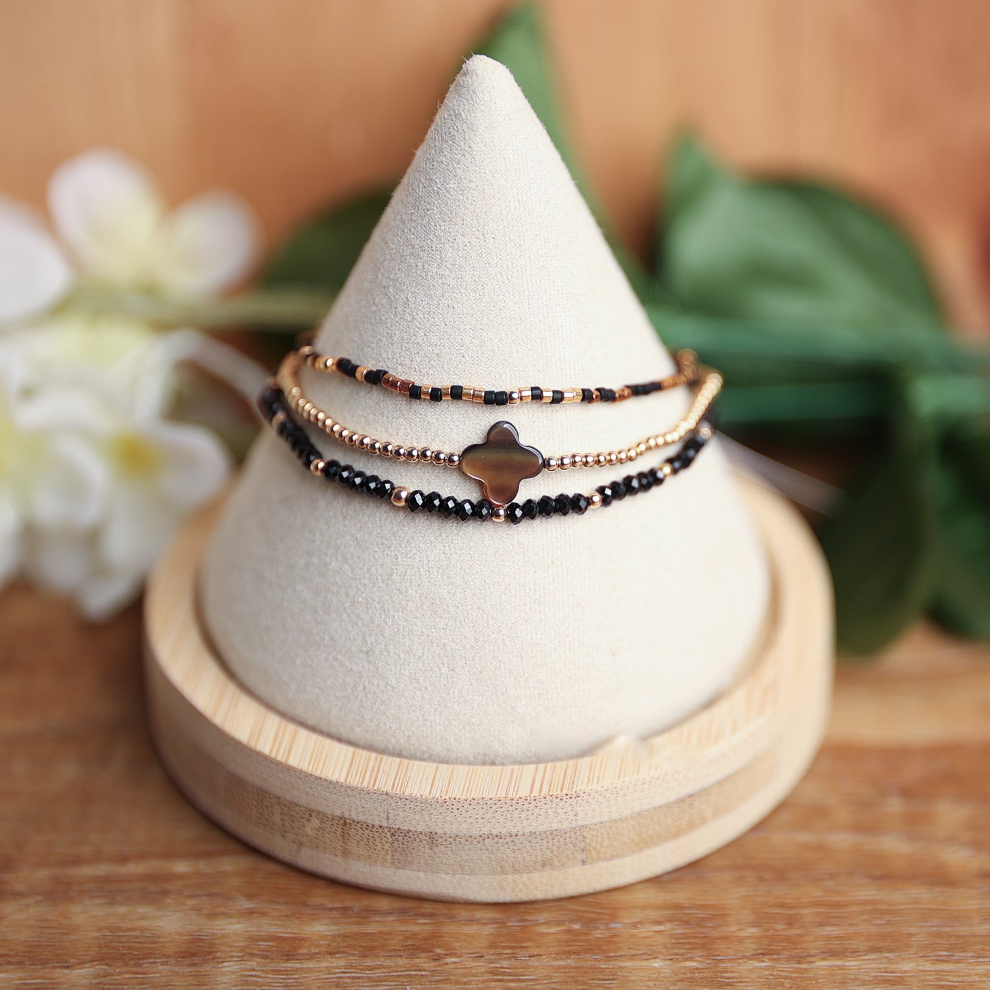 Black Spinel & Shell Bracelet Stack