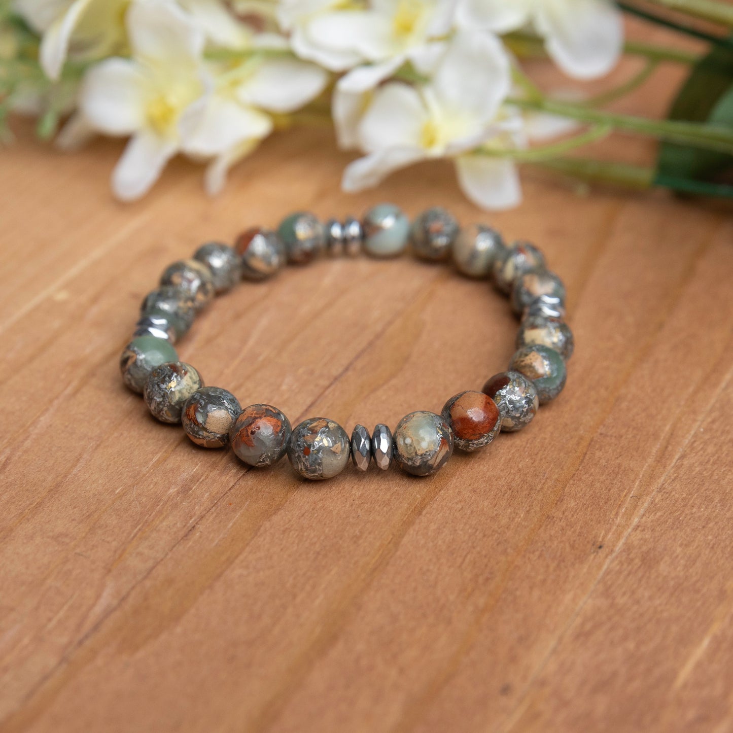 Aqua Terra Jasper w/ Hematite Spacers - 6.5 inches unstretched