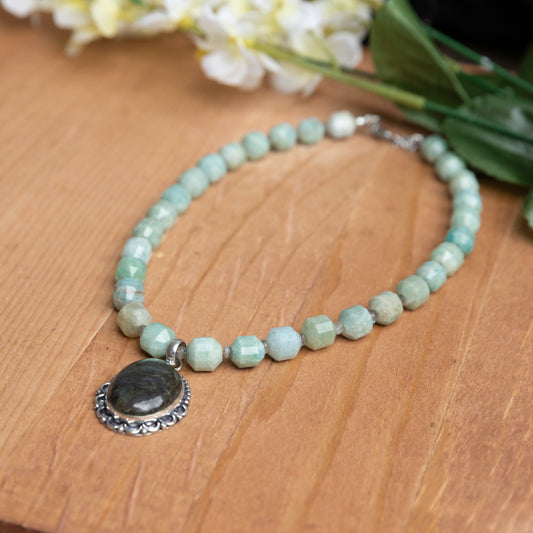 Amazonite & Labradorite Necklace with Silver-Plated Pendant 15 inches + 2-inch Stainless Steel Extender