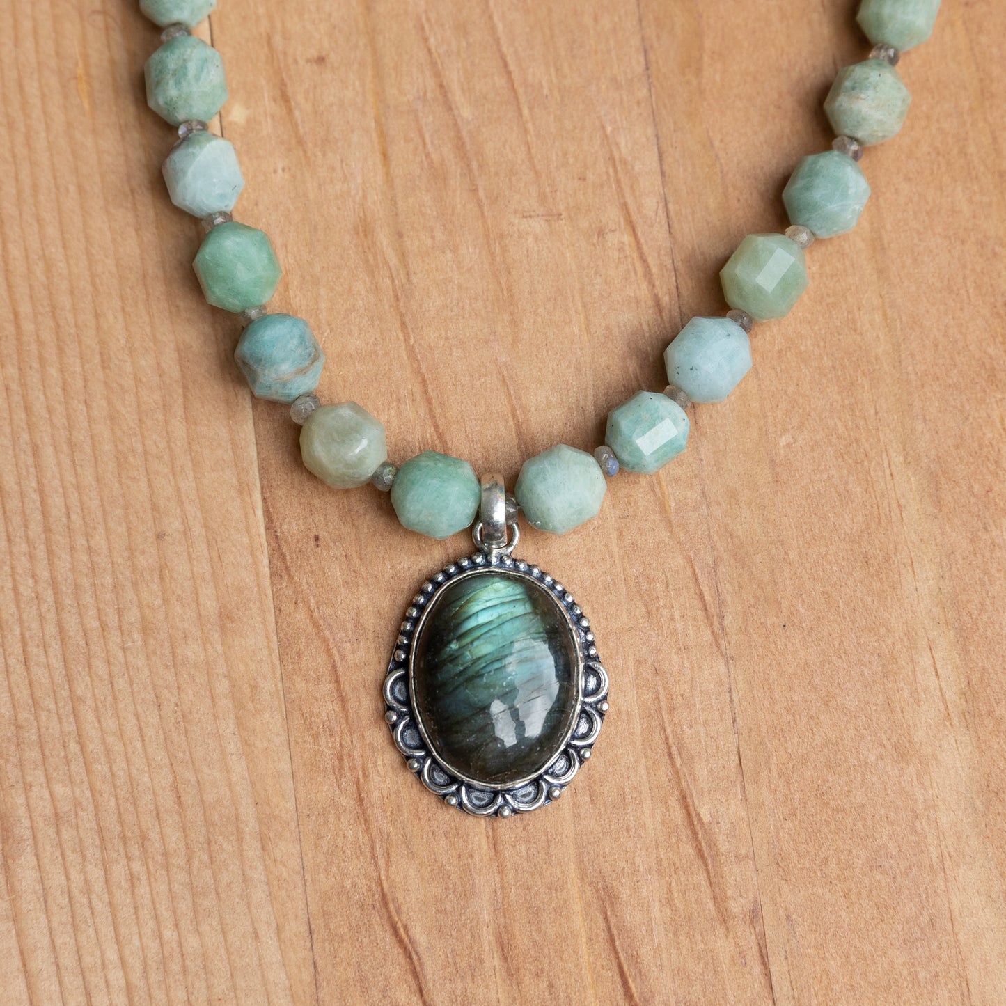Amazonite & Labradorite Necklace with Silver-Plated Pendant 15 inches + 2-inch Stainless Steel Extender