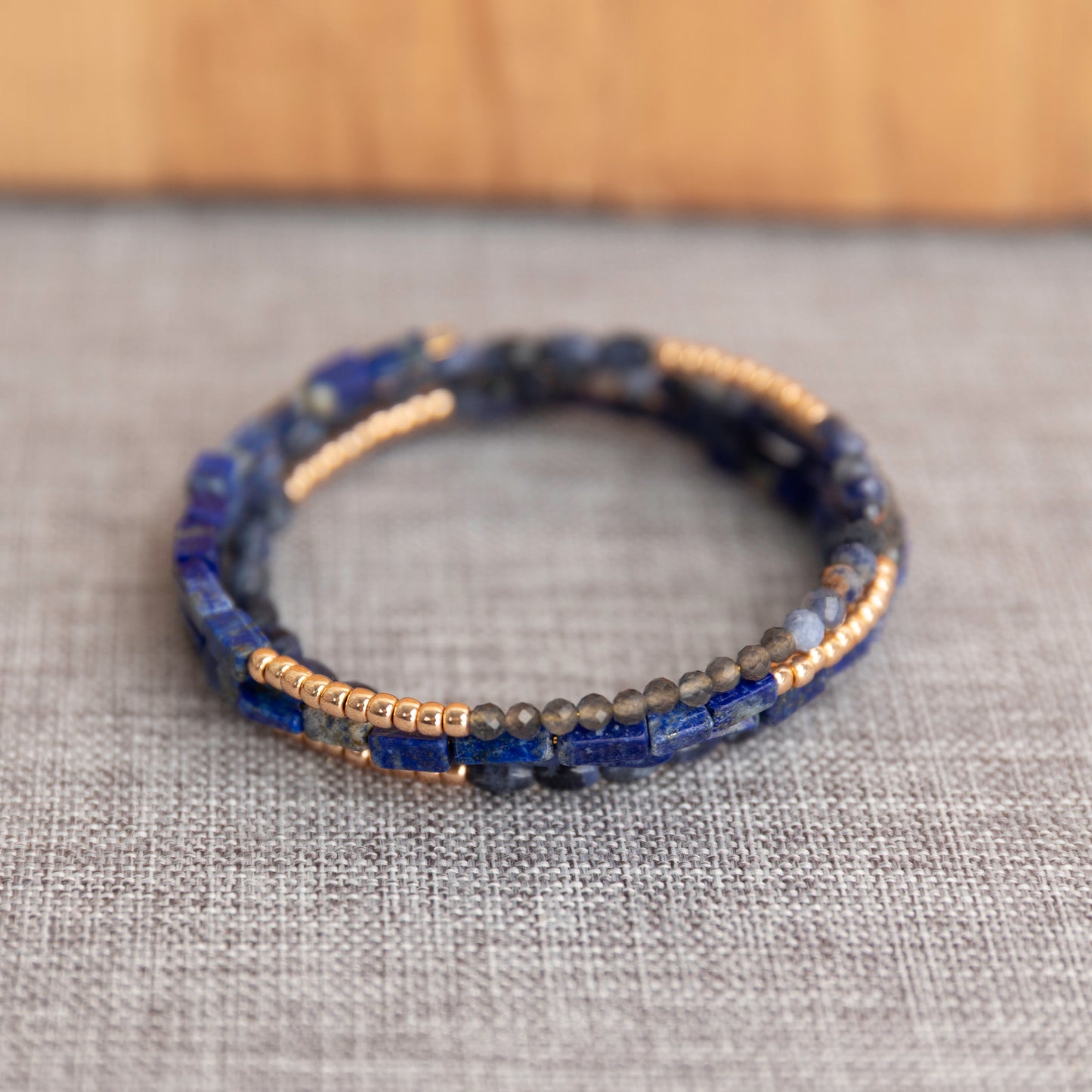 Memory Wire Gemstone Bracelet – Lapis, Sodalite, Iolite & Seed Beads