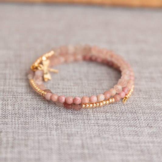 Wire Wrap Bracelet with Rhodonite, Seed Beads, Rose Quartz and Frosted Rose Quartz Hearts w/ Gold and Rhinestone Charms on Ends
