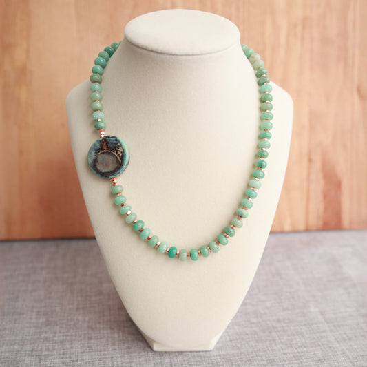 Amazonite Rondelles with Copper colored Hematite Spacers w/Offset Agate focal. 18 inches w/ 2 inch Gold Plated Stainless extender