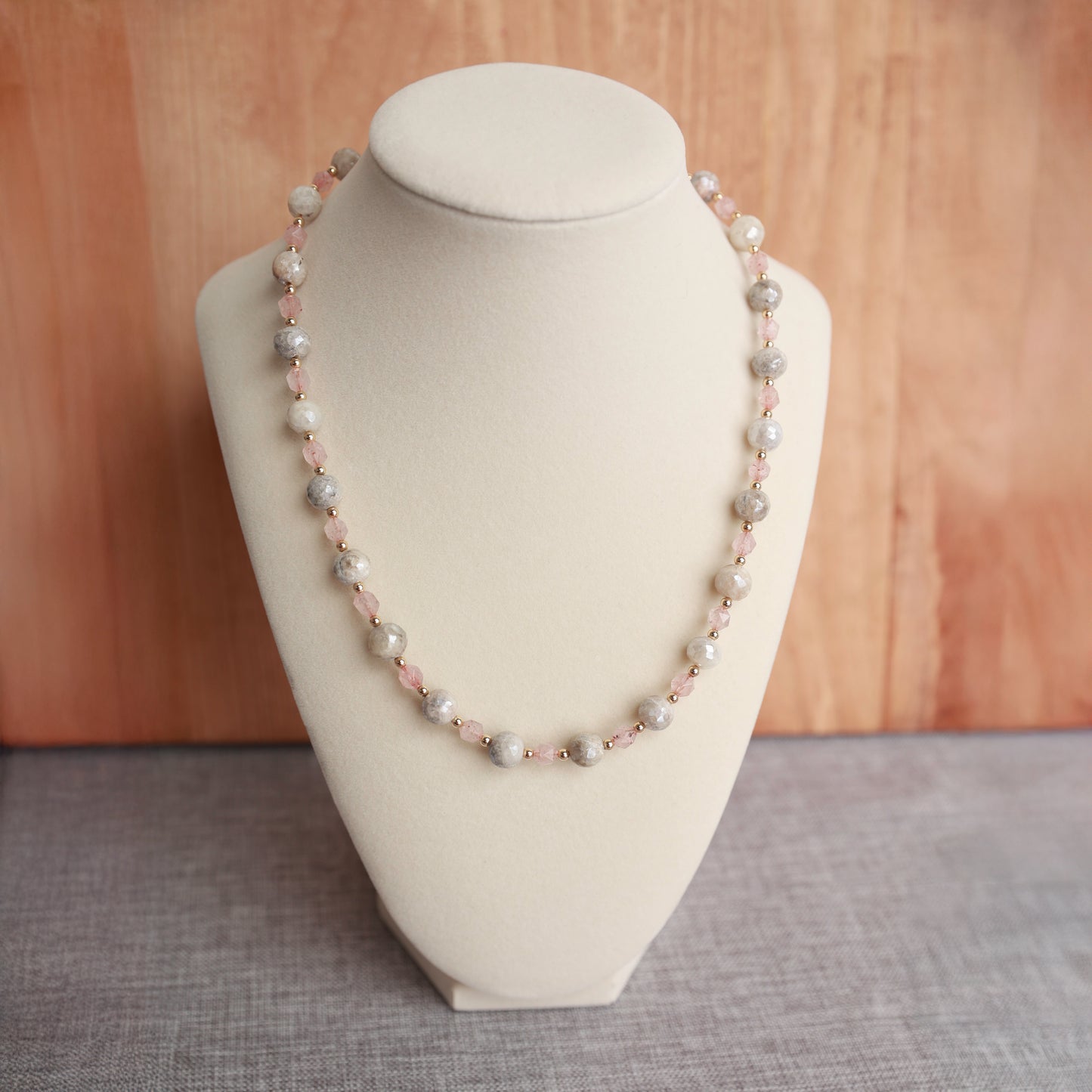 White Sapphire & Rose Quartz Necklace – 17 Inches with Extender