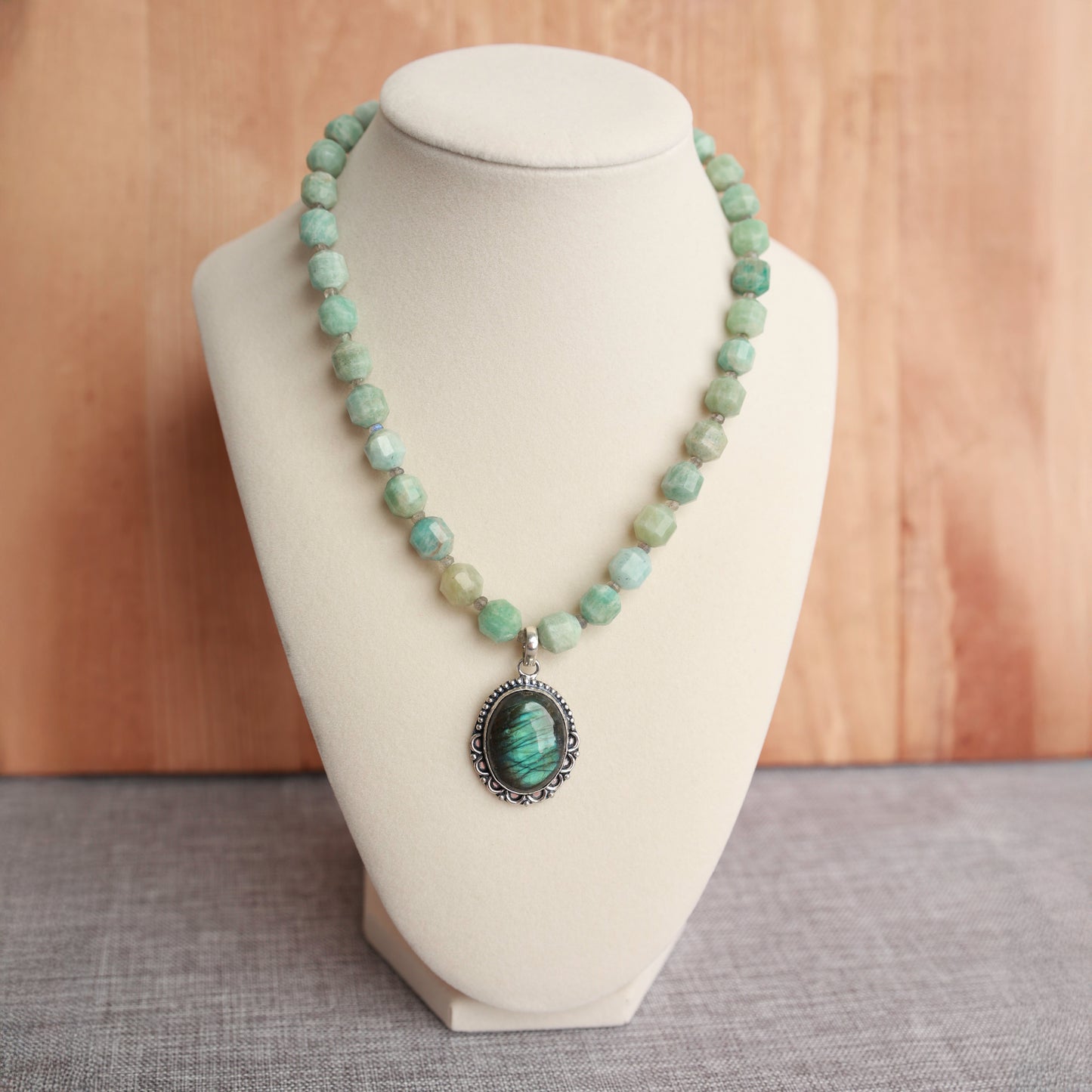 Amazonite & Labradorite Necklace with Silver-Plated Pendant 15 inches + 2-inch Stainless Steel Extender