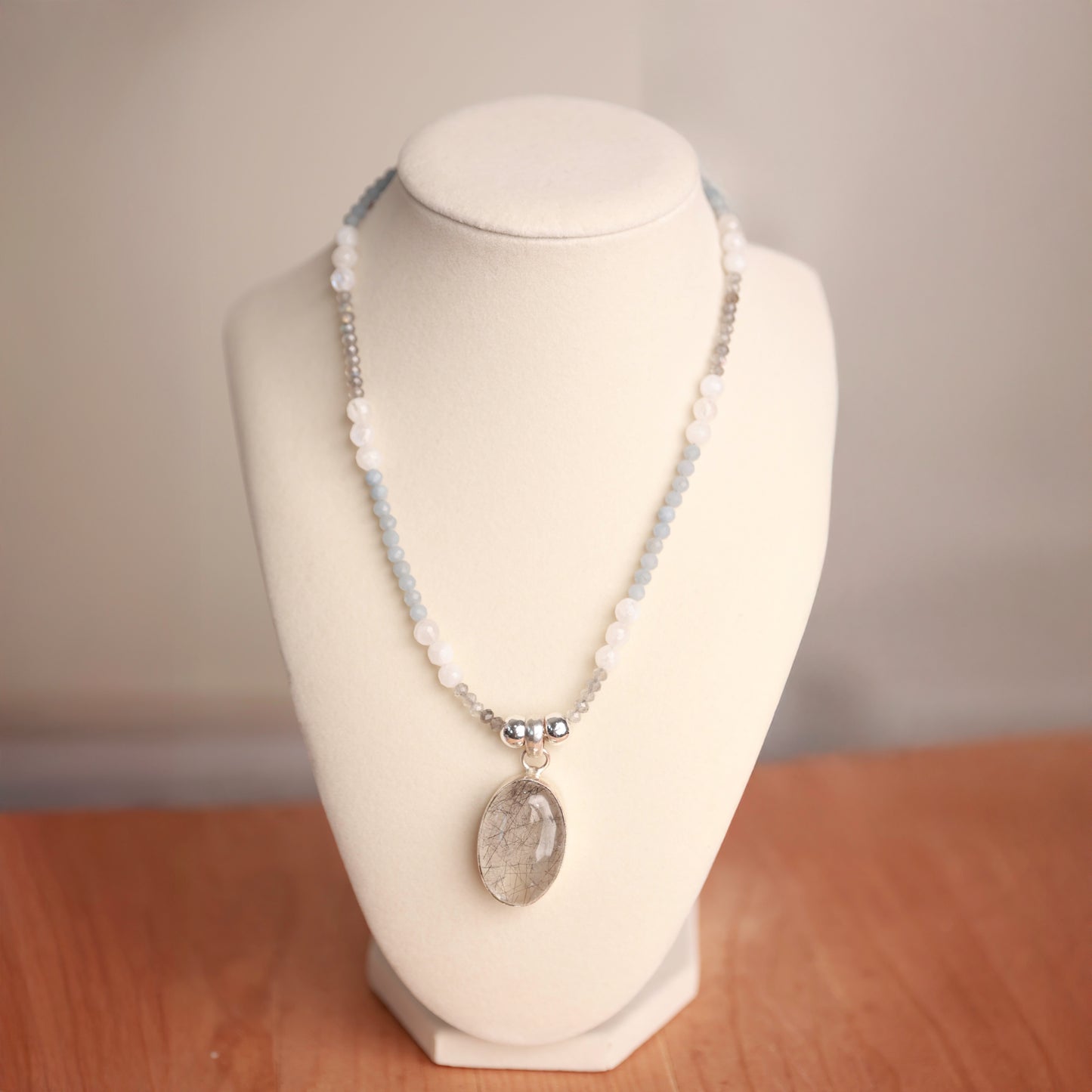 Angelite, Labradorite, & Moonstone with a silver plated Rutilated Quartz Pendant