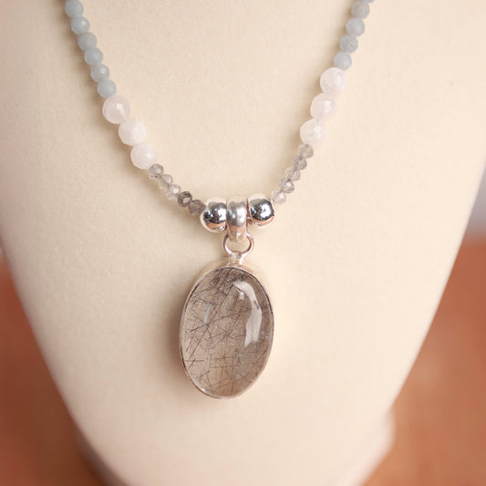 Angelite, Labradorite, & Moonstone with a silver plated Rutilated Quartz Pendant