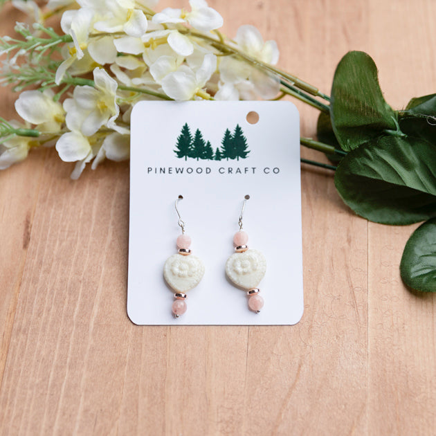 Ivory Czech Glass Heart Earrings with Pink Dyed Jade