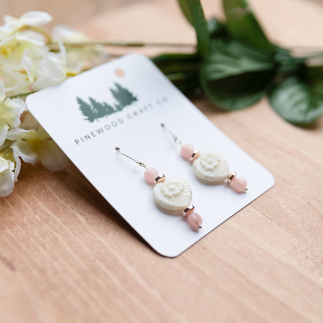 Ivory Czech Glass Heart Earrings with Pink Dyed Jade