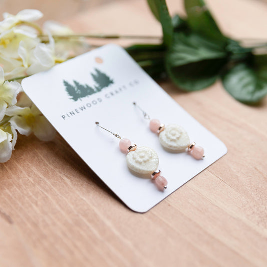 Ivory Czech Glass Heart Earrings with Pink Dyed Jade