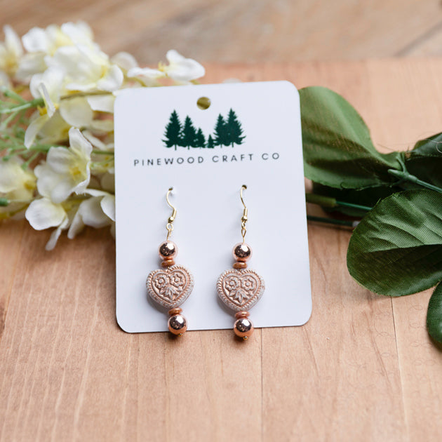 Cream and Pink Czech Glass Hearts w/Rose Gold Hematite
