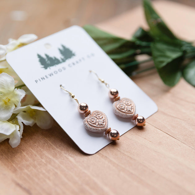 Cream and Pink Czech Glass Hearts w/Rose Gold Hematite
