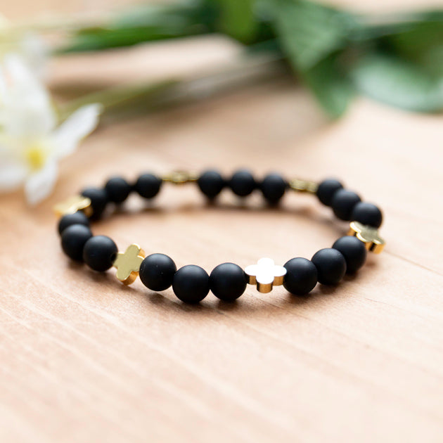 Onyx and Gold Plated Spacers Stretch Bracelet - 6.5 inches