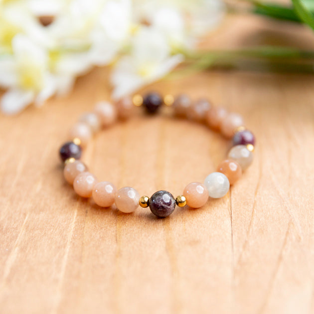 Mixed Moonstone and Plum Tourmaline Stretch Bracelet - 6.75 inches