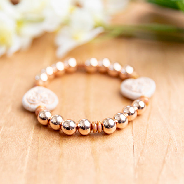 Rose Gold Hematite with Czech Glass Hearts Stretch Bracelet - 6.5 inches unstretched