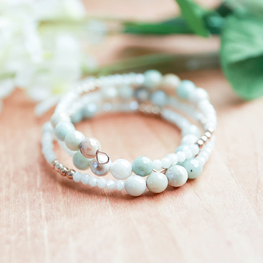 Mystic Amazonite, Hematite and Glass Beads on Memory Wire