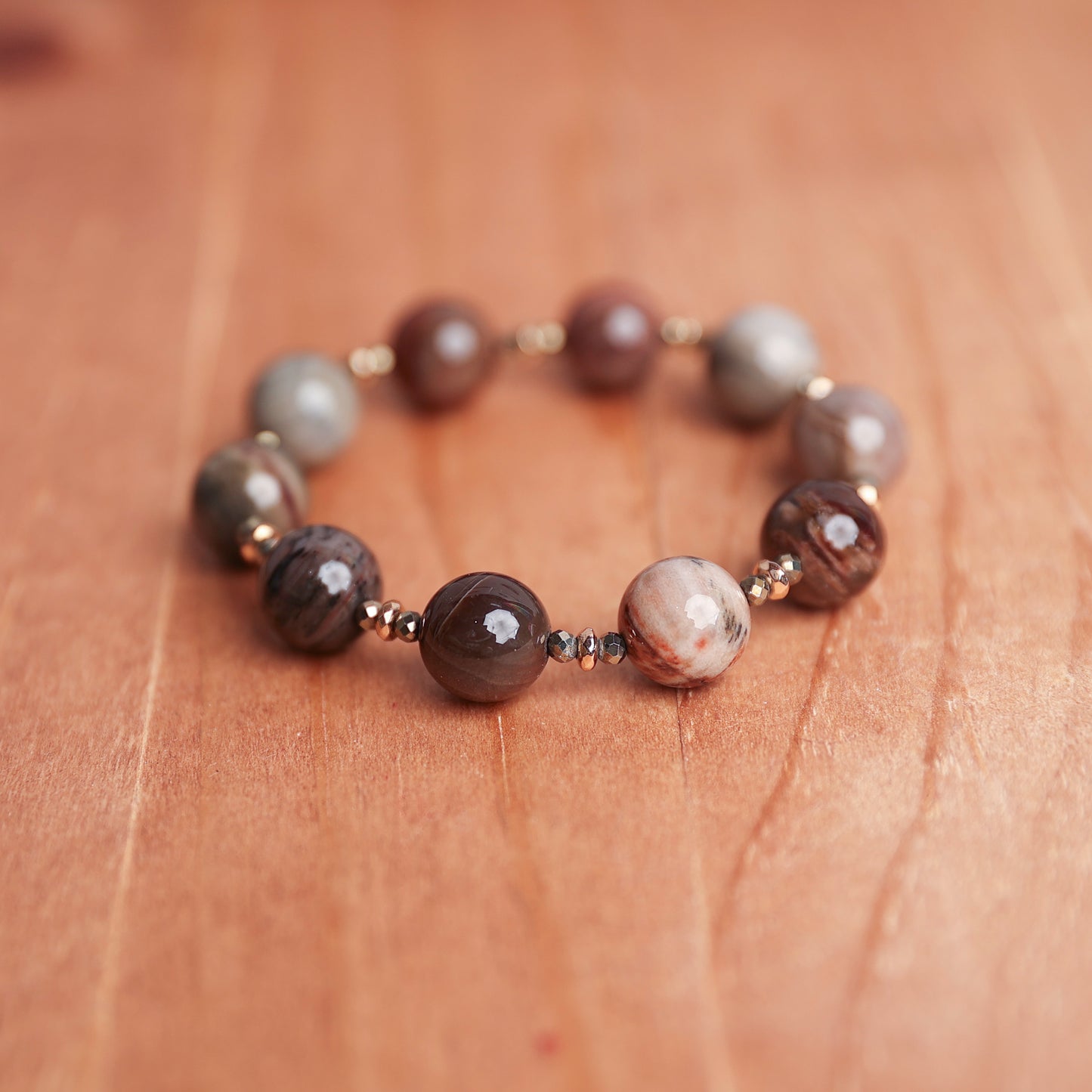 Pyrite, Hematite spacers and Petrified Wood